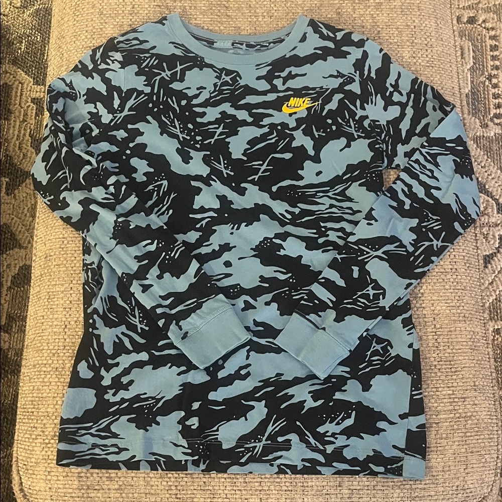 Nike Kids Black and Blue Camo Long Sleeve Tee